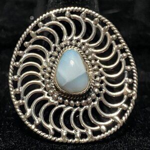 Ring Size 9 Larimar Circular Wave Design Sterling Silver Stamped 925 Vintage Jew